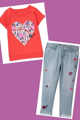 NWT Girls 6/7 Gymboree EIFFEL FLOWERS TOWERS Chambray/Red 2pc CUFFED JEANS+TOP - Imagem 1 de 4