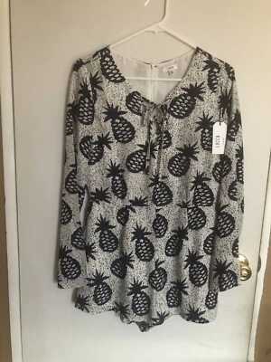 全新带标签 Lucca Couture 裤子和连身裤 菠萝连身裤 蓝色/白色 M 码 — 第 1/4 张图片