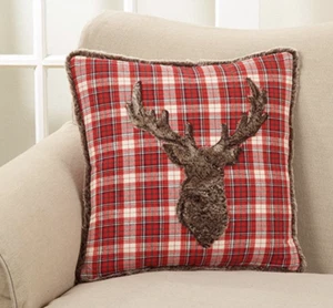 Saro Primitive Plaid & Plush Lodge Cabin Rustic Decor Deer Pillow & Insert -New! - Picture 1 of 4