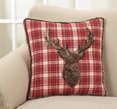 Saro Primitive Plaid & Plush Lodge Cabin Rustic Decor Deer Pillow & Insert -New! - Image 1 of 4