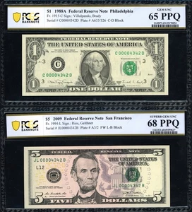 1988A & 2009 $1 & $5 Federal Reserve Notes *Matching Serial # Pair* PCGS 65/68 - Picture 1 of 2
