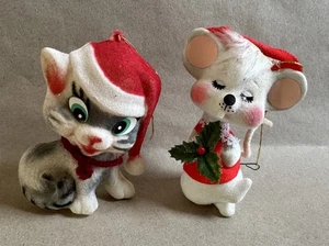 Vintage beflockte Weihnachten Kätzchen & Maus Figuren Japan Stil Filz Weihnachtsdeko - Bild 1 von 4