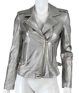 IRO $1,345 2022 Metallic Silver Leather NEWHAN Motorcycle Jacket 36 - Picture 1 of 5