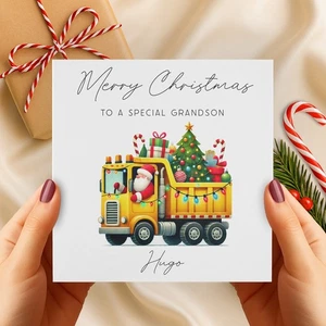 Personalised Santa Dump Truck Lorry Christmas Card for Son Grandson Godson Boy - Picture 1 of 6