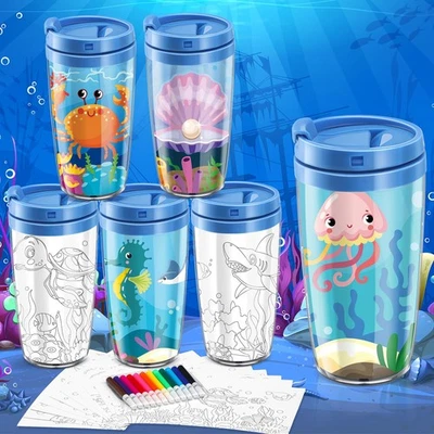 12 piezas colorea tus propias tazas para niños animales marinos 8,5 oz tazas de plástico hágalo usted mismo con... Foto 1 de 4