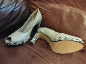 Clarks' Ladies' Light Grey Peep-toe Heels With Snakeskin Effect Trim - Picture 1 of 7