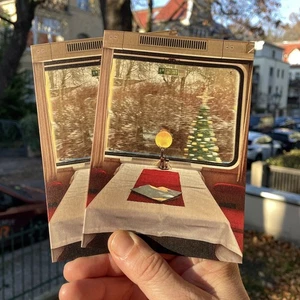 2 Klappkarten  „Weihnachten vorm Speisewagen“ Eisenbahn Romantik Zug Reisen - Bild 1 von 3