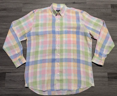 MINE Men's Pastel Plaid 100% Linen Long Sleeve Button Up Shirt Size Large - Image 1 of 4