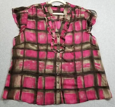 Blusa Camisa Cato Top Mujer 22W 24W Plus Rosa Marrón A Cuadros Manga Corta Abotonada Foto 1 de 4