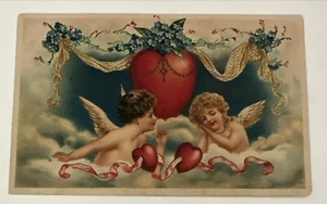 Embossed Valentines Day Postcard  Cupid Cherubs In The Clouds Hearts Germany - Picture 1 of 2