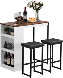 3 Piece Dining Table Set Kitchen Bar Table with Two Stool Storage Shelves Wood C - Picture 1 of 7