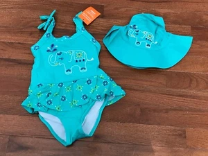 New Gymboree Turquoise Elephant Swimsuit 2 2T and Elephant Brim Hat Size 2T-3T - Picture 1 of 5