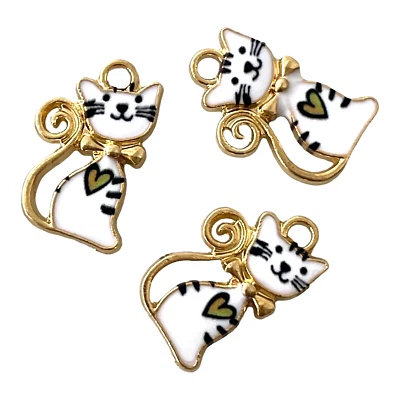 10 piezas Dijes para Gato Blanco Esmalte Cola Rizada Corazón Amor Gatito Felino Cuentas Doradas Foto 1 de 2