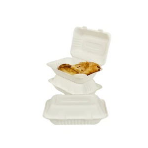 100 Ct. White Compostable Clam Shell Hinged Take Out Food Container 6 x 9 x 3  - Picture 1 of 6