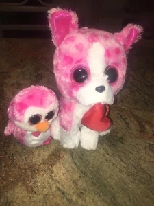 Ty Beanie Boo Romeo Pink Dog Valentines Heart and Penguin - Picture 1 of 2