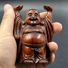 Chinese Vintage Boxwood Carving Laughing Buddha Statue Wooden Figurine Artwork