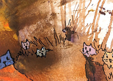 Aceo Abstract Painting Cat Original Collectible Landscape Folk Art Josh Merritt