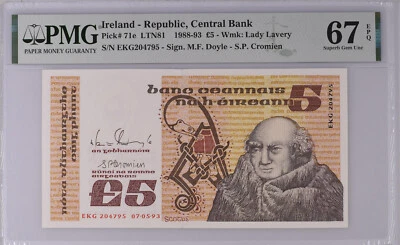 Consecutive Triple Ireland 5 pounds Scotus P71e Irish 7.5.93 Last Date PMG67EPQ  - Image 1 of 4