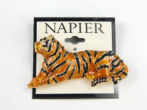 Vintage Napier Emaille Tiger schwarz Strass Streifen weiße Augen Brosche Pin 2,5 Zoll
