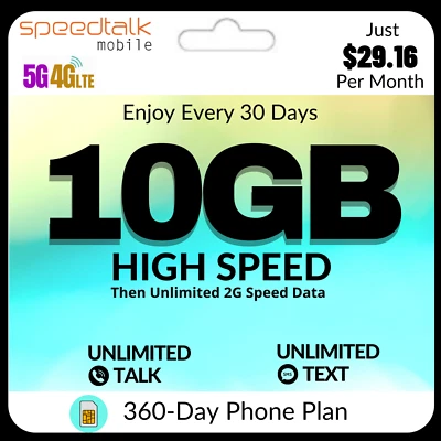 Kit de tarjeta SIM prepago móvil SpeedTalk 5G 4G LTE sin contrato plan telefónico de 360 días Foto 1 de 4
