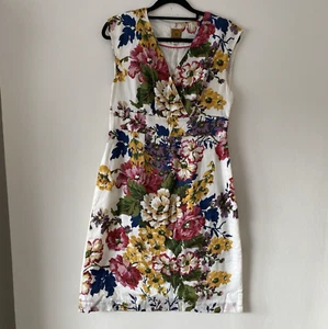 JOULES 100% Cotton Floral Creme Multicolour Floral V Neck Knee Length Dress UK10 - Picture 1 of 7