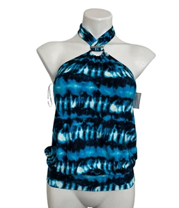 Michael Kors Summer Blue Torino Tie Dye High Neck Blouson Tankini Top Sz S - Picture 1 of 12