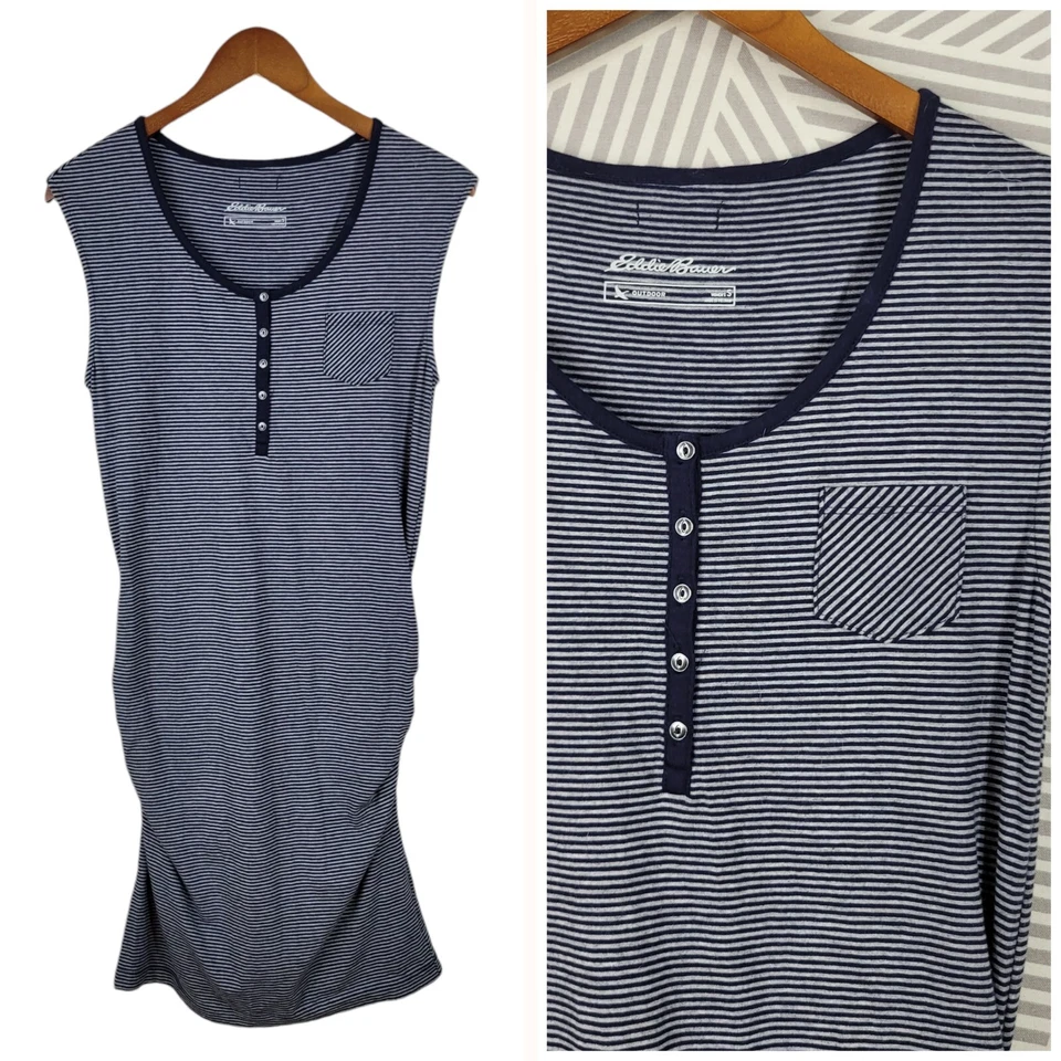 Vestido Camisa Eddie Bauer Tamanho Pequeno Casual Ruched Elástico Azul Cinza Listrado  - Imagem 1 de 4