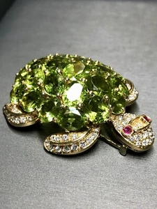 Estate 18K Peridot Diamond Ruby LARGE Turtle Brooch Pin 53.50cttw - Picture 1 of 12