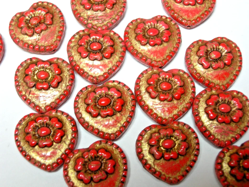 9 Vintage Design Czech Glass Red Orange with Bronze Heart Beads 17mm x 18mm - Image 1 of 1