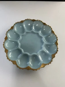 Vtg FIRE KING Delphite Blue MCM Milk Glass w/Gold trim Deviled Egg Plate - Picture 1 of 3