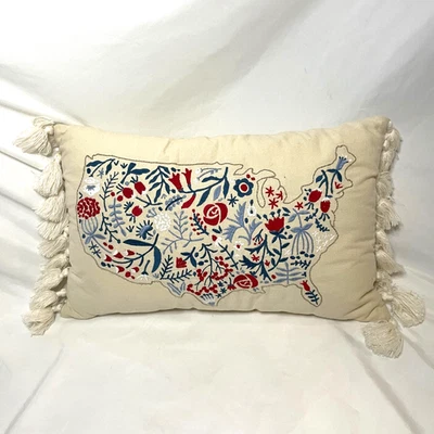 Embroidered Flowers USA Pillow 18" x 11" Primitives By Kathy Patriotic Pillow - Image 1 of 4