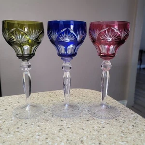 VTG 2 Anna Huette Cut To Clear Crystal Red Green & Cobalt Blue 8" Wine Goblets - Picture 1 of 7