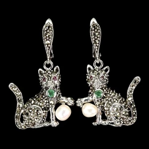 925 Sterling Silver Earrings Round Emerald Ruby Pearl Marcasite Gemstone Jewelry - Picture 1 of 13