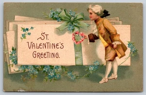 St Valentines Greetings Postcard Forget Me Not Flowers Boy Floral Heart Lettes - Picture 1 of 3