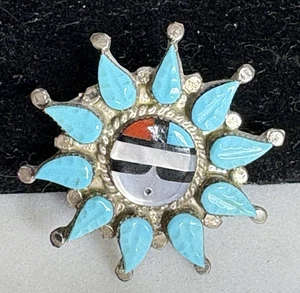 Petite 1" Zuni Sun Face Sterling Silver Pendant/Brooch Pin Signed LL Zuni  VTG - Picture 1 of 8
