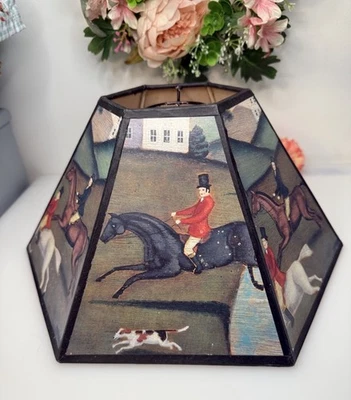 Винтажный Fox охоты абажур лошадей охоты сцены собак конный шестиугольный читать - Изображение 1 из 4