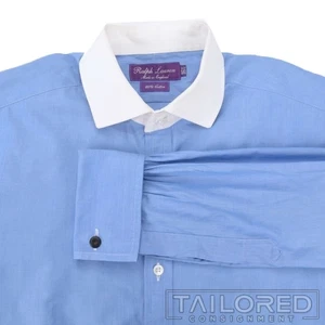 Camicia elegante RALPH LAUREN PURPLE LABEL blu tinta unita 100% cotone polsino francese - 16,5 - Foto 1 di 7
