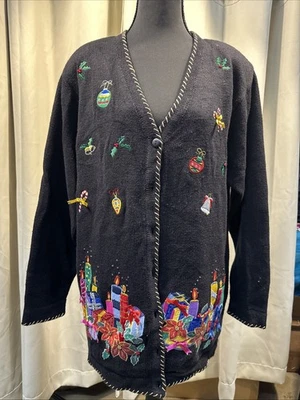 Quacker Factory Women Size Med Christmas Sweater Button Up Cardigan Retro - Image 1 of 4