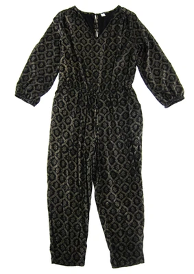 Nuevo con etiquetas Mono Mameluco Grande Antiguo Azul Marino Rayón Negro Dorado Floral Bolsillo Manga Larga Foto 1 de 4