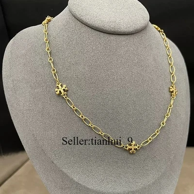 New! Tory Roxanne Chain Logo Necklace GOLD with Jewelry Pouch 44+11cm - Image 1 of 2