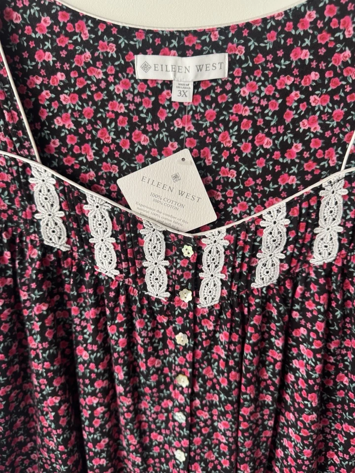 Camisón Eileen West Negro Rojo Rosa Floral TEJIDO DE ALGODÓN Largo Slv Ballet 3X NUEVO Foto 1 de 4