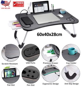 Laptop Bed Desk, Foldable Laptop Lap Desk Tray Table with USB Charge Port Drawer - Picture 1 of 8