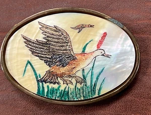 Vintage 1978 BTS Solid Brass Ceramic Flying Ducks Insert Belt Buckle - Picture 1 of 2