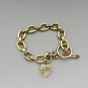 Juicy Couture Bracelet Gold Tone Oval Link Pave Crystal Heart Charm 7" Inch
