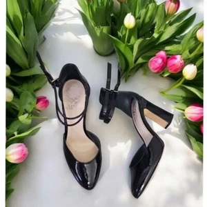 Vince Camuto Black Patent Leather Ankle Strap Block Heel Pumps Chic Shoes 9.5 - Picture 1 of 8