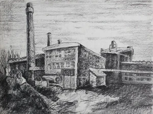 Vintage original charcoal drawing landscape factory - Picture 1 of 11