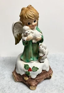 Vintage LEFTON PORCELAIN “CHRISTMAS ANGEL GIRL W/ LAMBS” MUSIC BOX-Silent Night - Picture 1 of 8