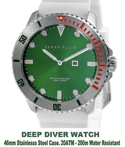 Perry Ellis 46mm Deep Diver Herrenuhr 200M WR grün silber PEW02003-03 20ATM - Bild 1 von 13