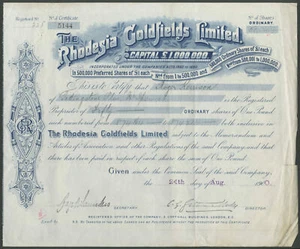 Rhodesia: Rhodesia Goldfields Ltd., £1 shares, 1900 - Picture 1 of 1