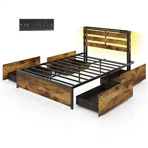 Full Size Bed Frame w/ USB Ports Smart APP Control & Drawers LED Lights Outlets - Picture 1 of 10